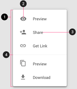 Пример с меню, в котором названия пунктов снабжены иконками: превью, поделиться, скопировать ссылку, скачать.