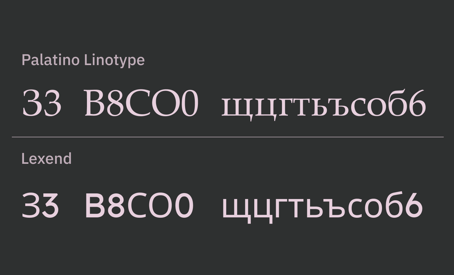 Typefaces Palatino Linotype and Lexend. Cyrillic alphabet: З, 3, В, С, О, 0, щ, ц, г, т, ь, ъ, с, о, б, 6.