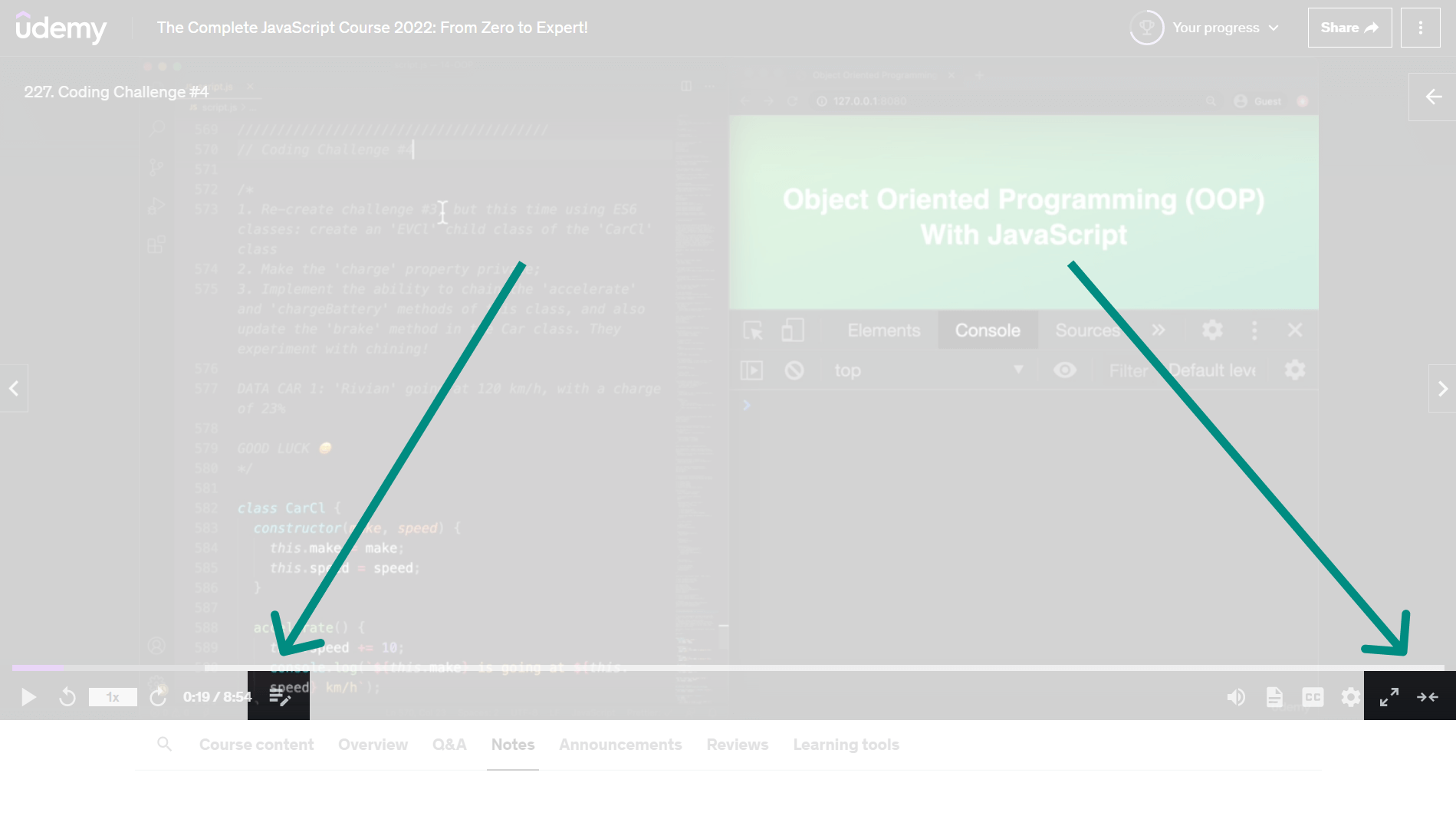 Сайт Udemy. Открыт плеер, выделены несколько иконок. Справа налево — три полоски и карандаш под ними, две стрелки, расходящиеся в разные стороны, две стрелки, направленные друг на друга.